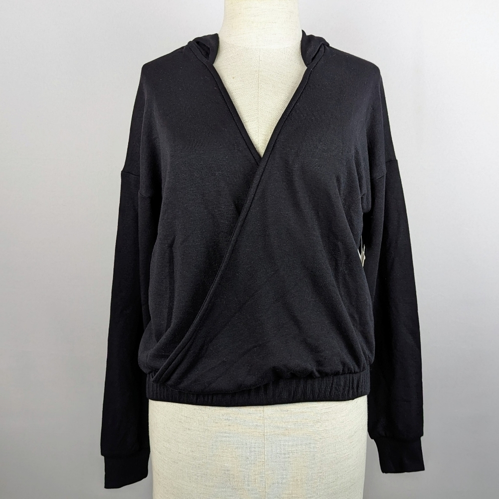 Beyond Yoga Hoodie Cross Your Heart Surplice V-Neck Elasticized Hem Black XS NWT